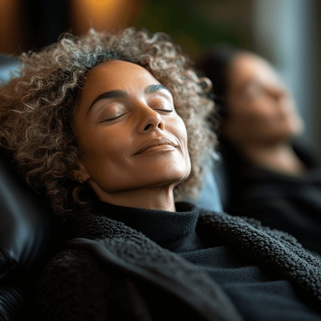 A serene therapy setting with a person lying comfortably on a recliner, eyes closed, while a hypnotherapist speaks calmly, emphasizing relaxation and focus
